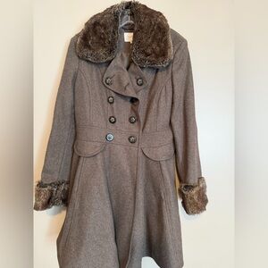 Laundry By Shelli Segal Brown Pea Coat with Faux Fur Trim